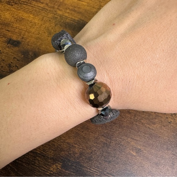 Unisex Essential Oil Diffuser Lava And Black Stone Bead Stretch Bracelet Chunky - Picture 6 of 10